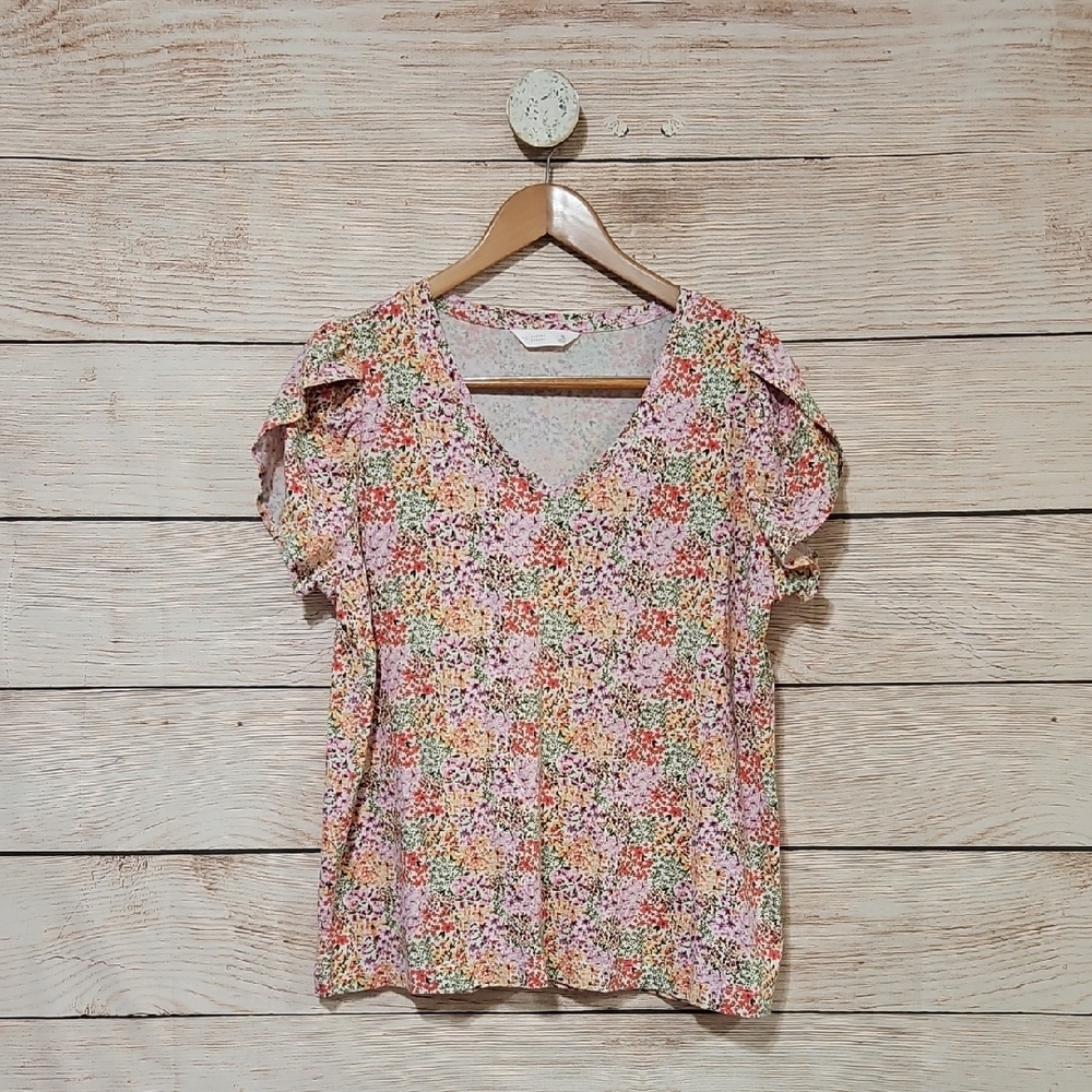 LC Lauren Conrad Multicolor Floral Blouse Short Sleeve XL